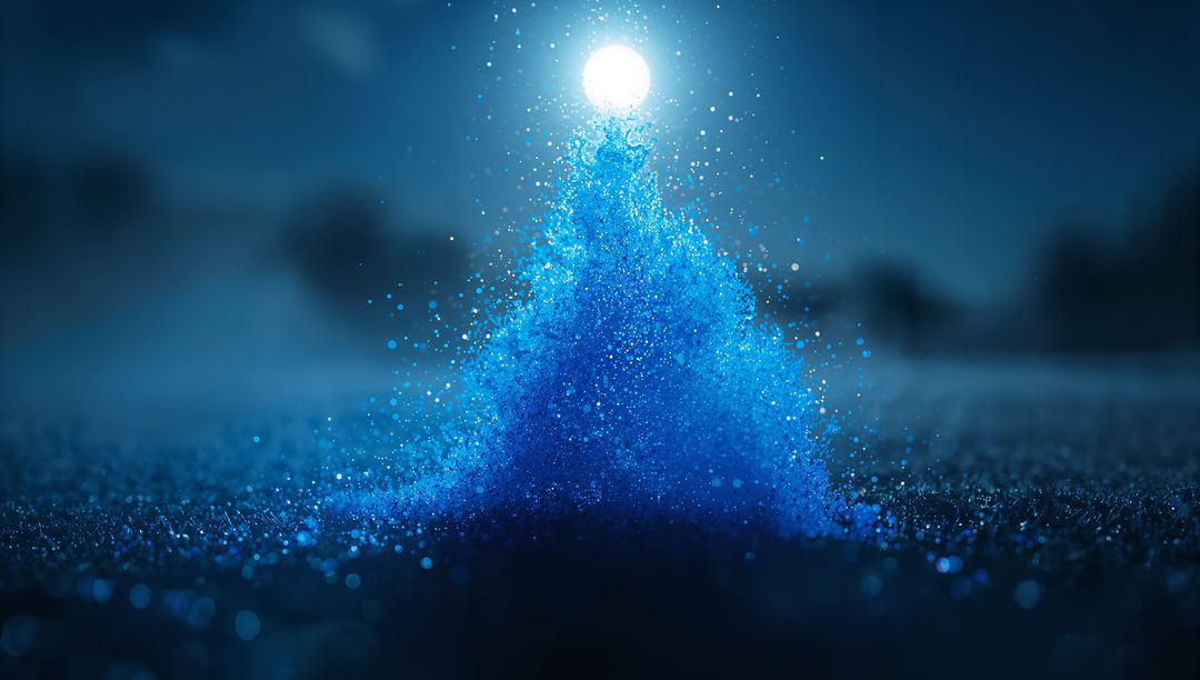 Enigmatic Orb Hovering Over Glowing Blue Particle Mound at Night