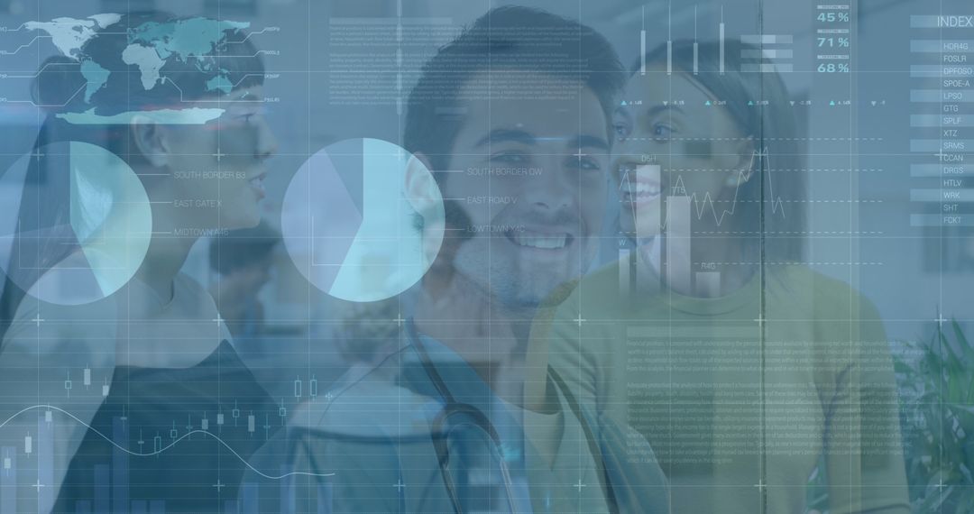 Digital Interface Overlay on Diverse Business Team in Modern Office