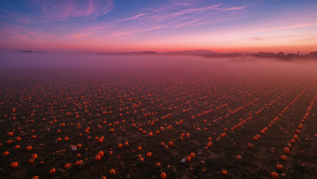 Sunrise Over Foggy Pumpkin Field with Rows of Pumpkins
