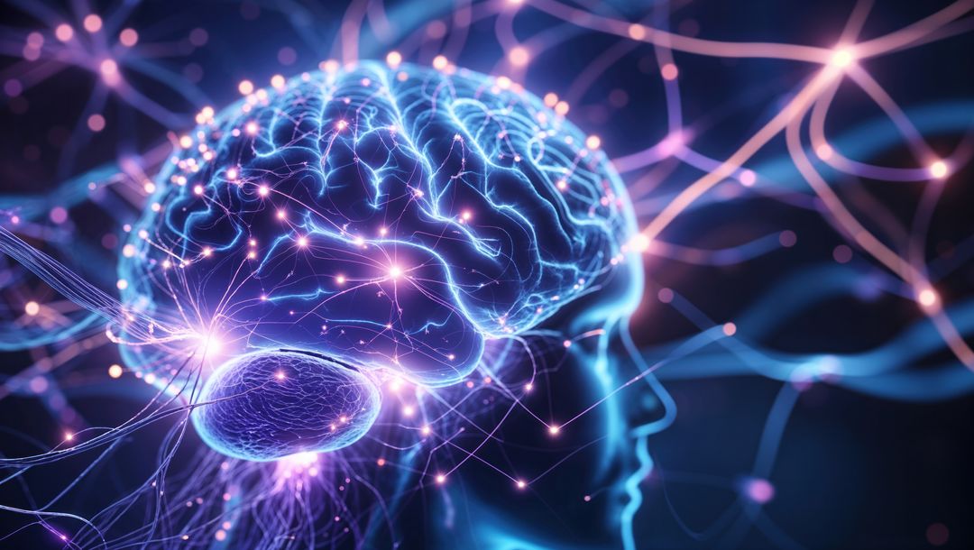 Futuristic Brain Model with Neon Synapses in Digital Space