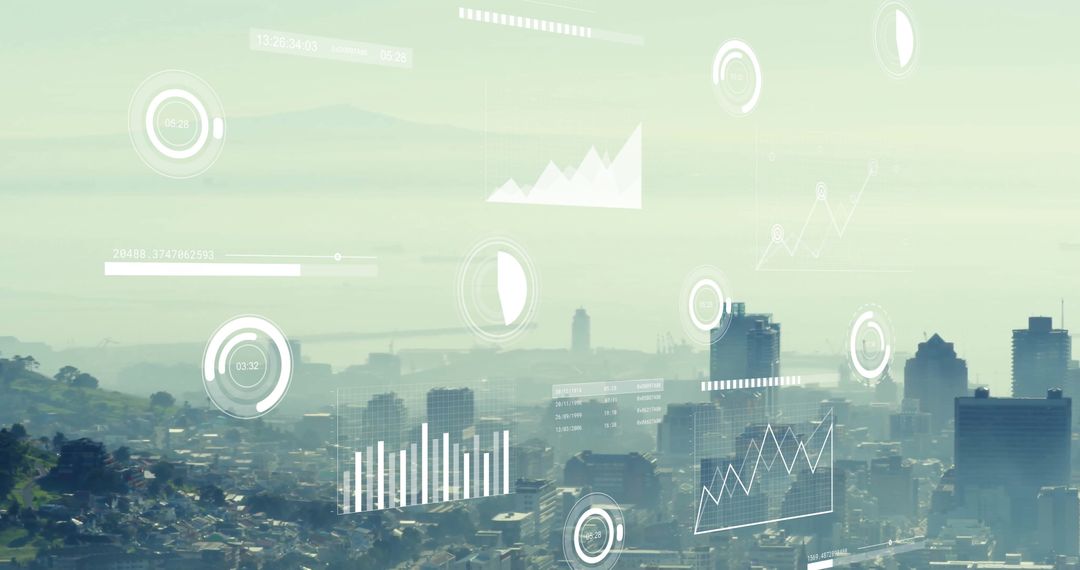 Digital Data Interface Overlaying Modern Cityscape