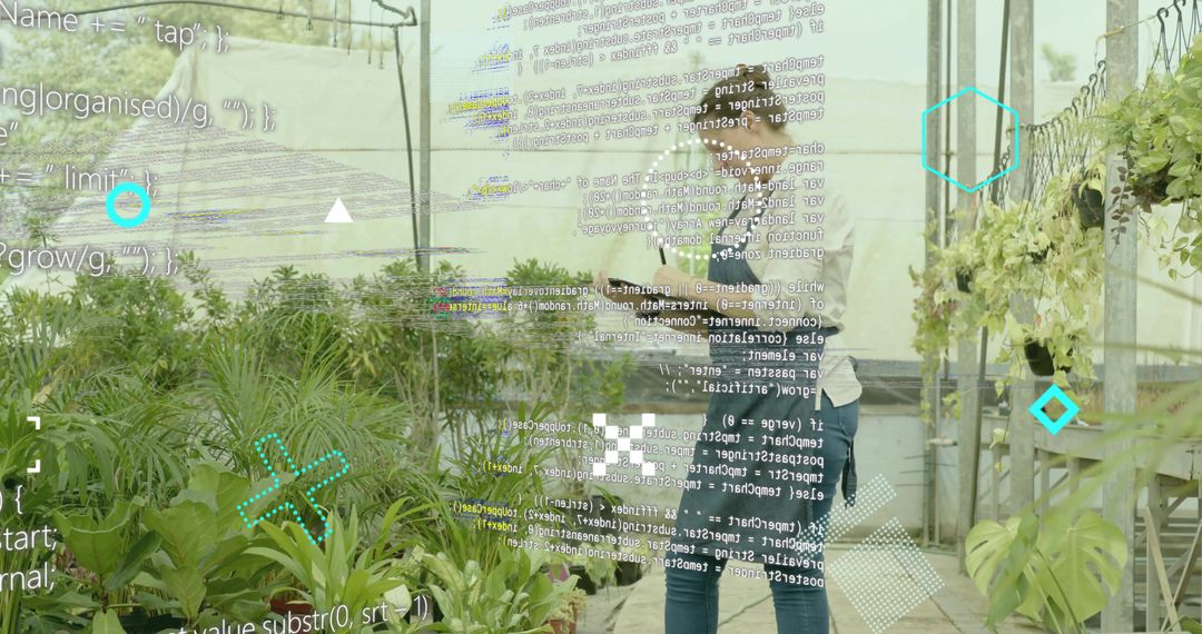 Greenhouse worker holding tablet monitoring potted plants with digital data overlay