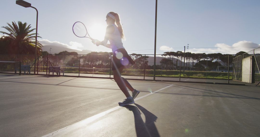 Image of caucasian female tennis player training at sunset - Free Images, Stock Photos and Pictures on Pikwizard.com