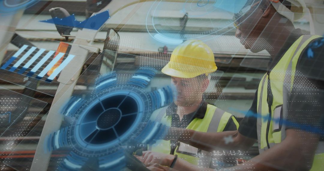 Factory workers reviewing tablet with AR data overlay for smart manufacturing collaboration