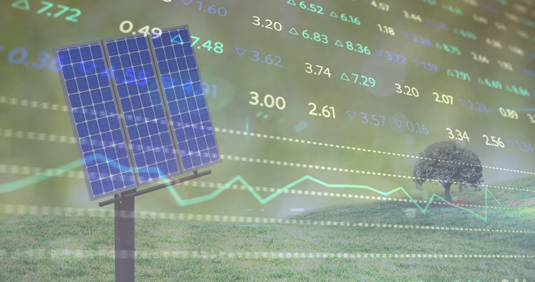 Solar Panel in Field with Financial Data Visualization