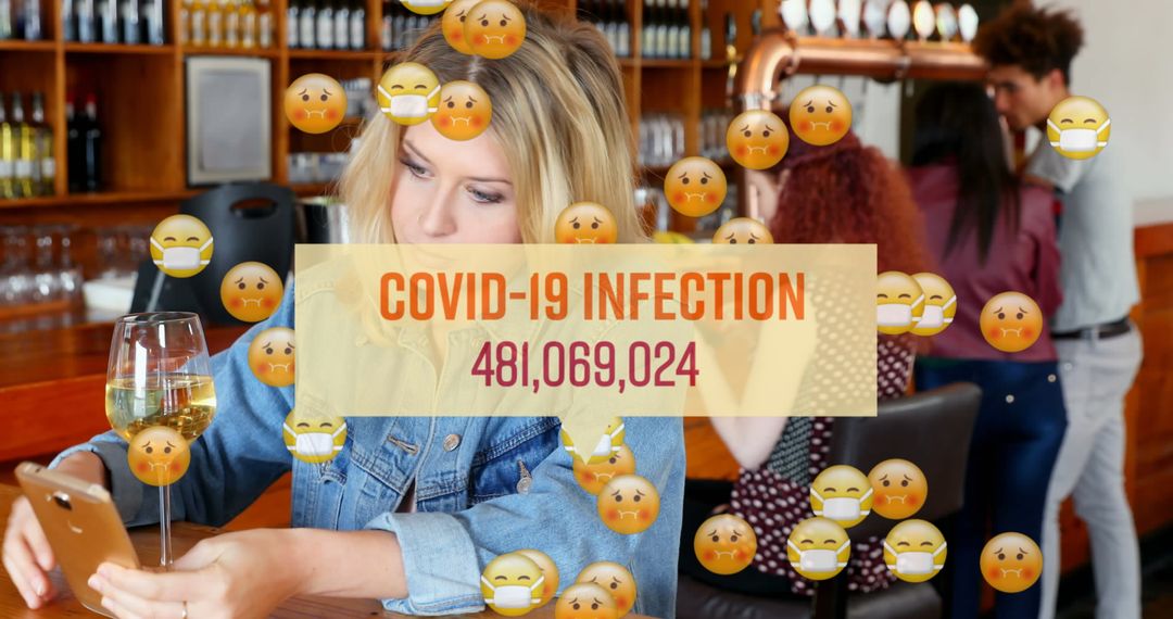 Woman Using Smartphone with Virus Emojis in Bar During Pandemic