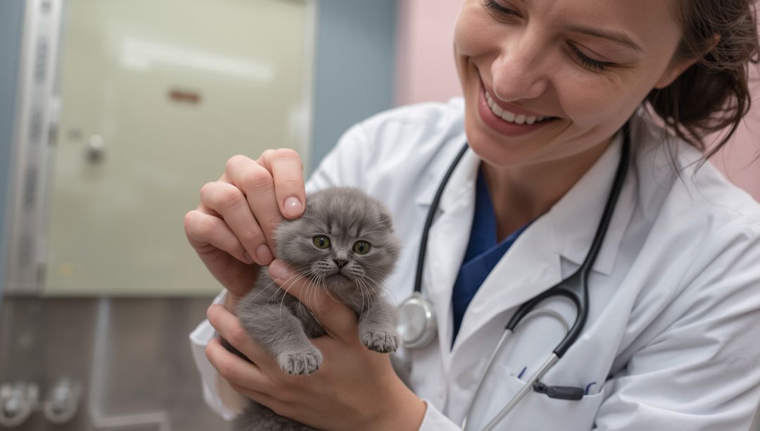 Veterinarian Examining Gray Kitten in Clinic with Stethoscope