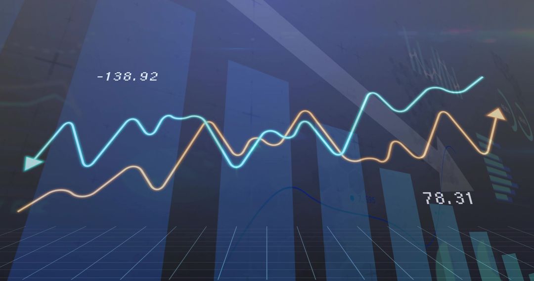 Futuristic 3D Financial Dashboard Displaying Neon Cyan Orange Line Charts with Grid View