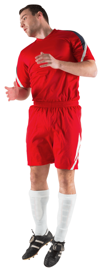Soccer Player in Red Kit Jumping on Transparent Background