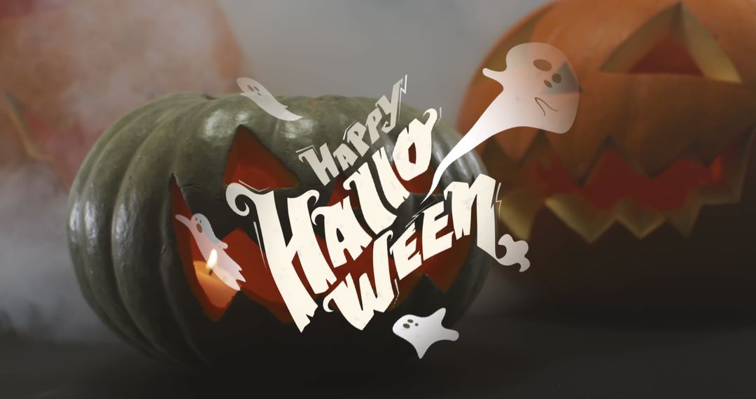 Carved Halloween Pumpkins with Festive Text and Ghosts