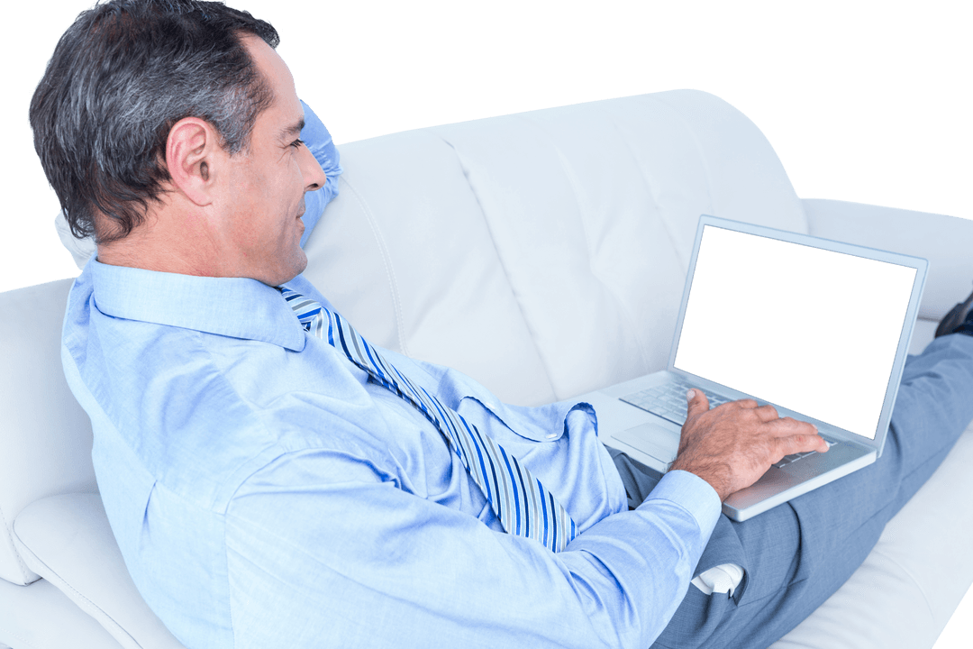 Transparent Smiling Businessman Working on Laptop on Sofa