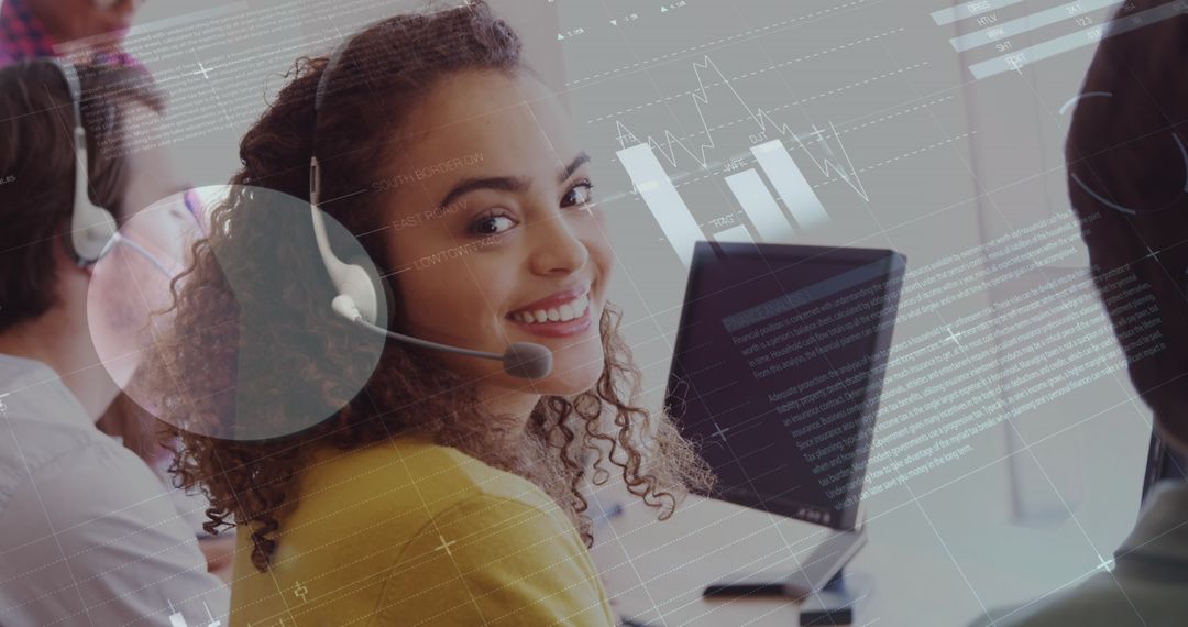 Smiling Customer Service Representative with Financial Data Overlay