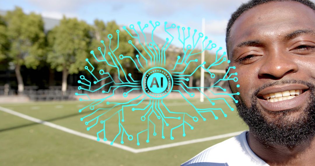 Smiling football player showcasing AI circuit overlay on outdoor turf field with goalpost