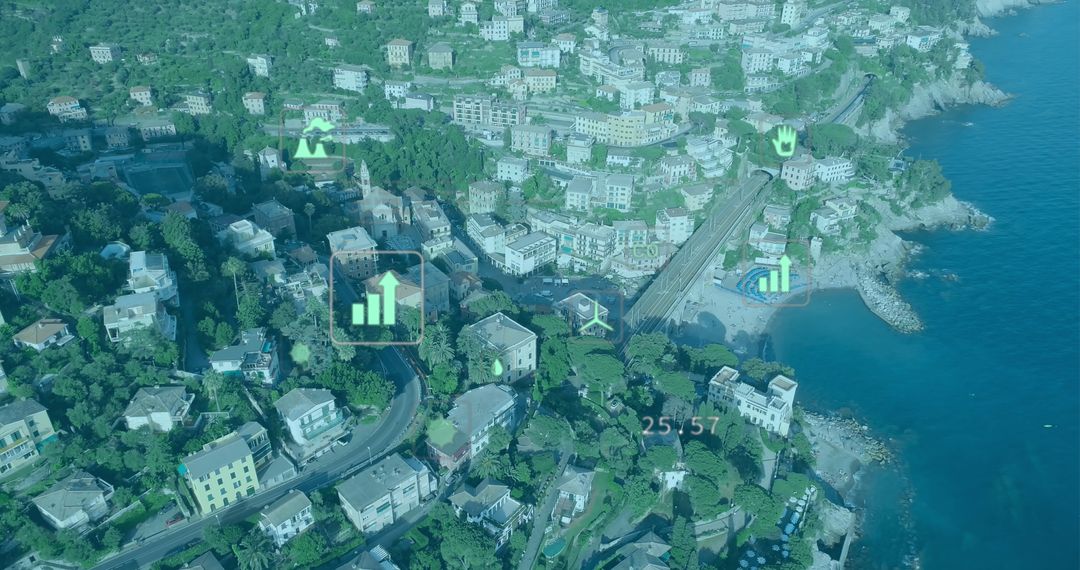 Futuristic Coastal City with Digital Technology Overlays