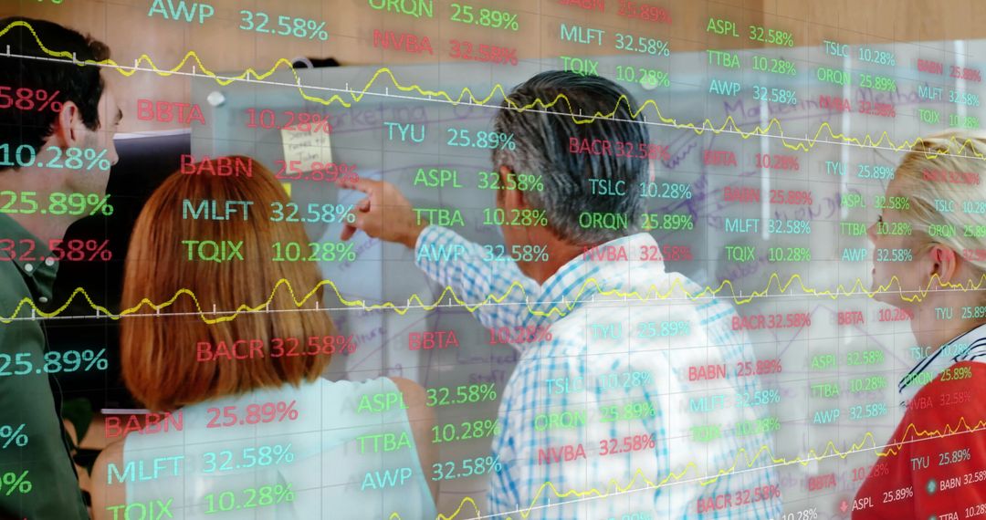 Financial Analysts Collaborating on Market Trends with Data Display