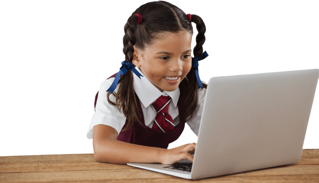 Schoolgirl Engaged with Laptop on Transparent Background Education