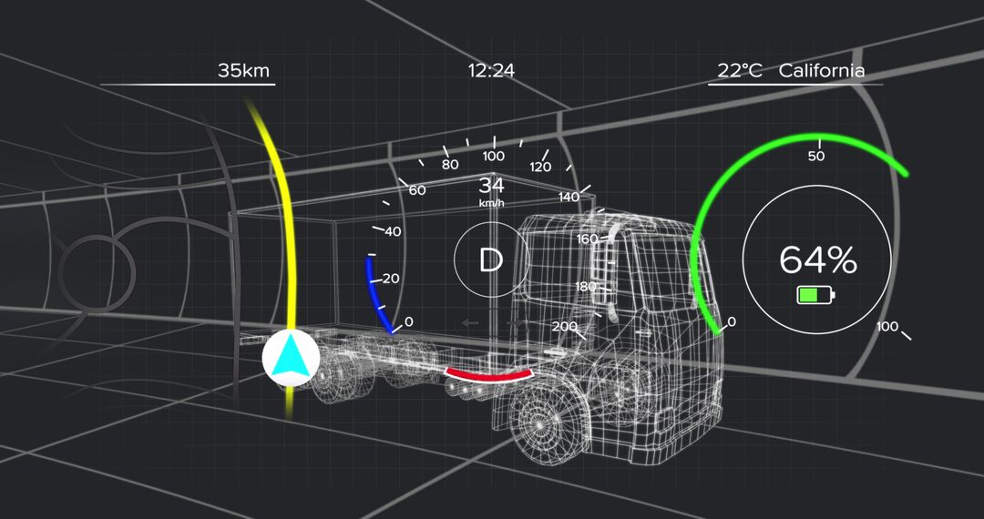 Futuristic 3D Car Model with Data Interface Over Grid Background