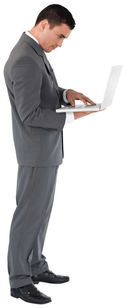 Transparent Businessman Uses Laptop in Formal Attire