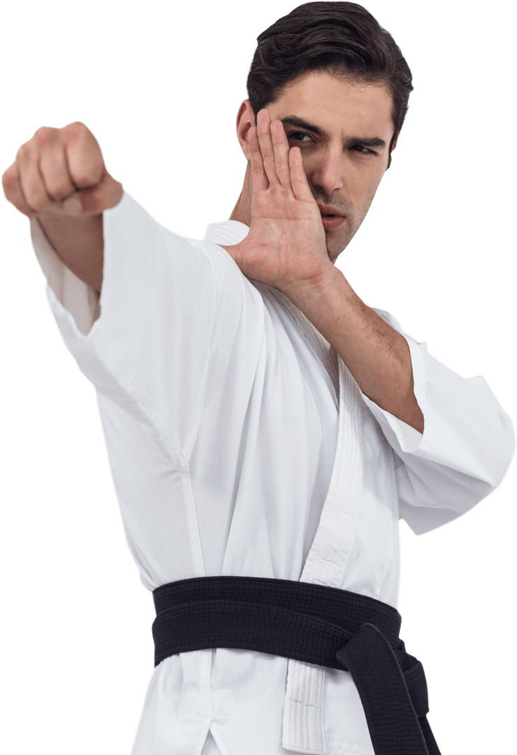 Karate Fighter Displaying Strong Punch in Transparent Background
