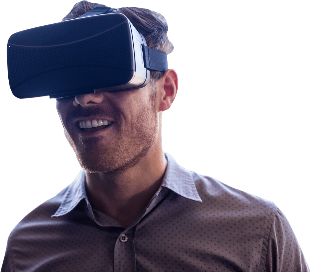 Smiling Caucasian Businessman Using VR Headset on Transparent Background