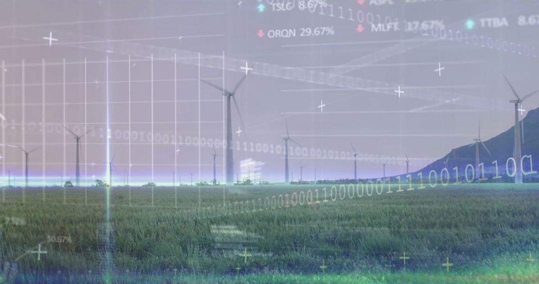Financial Data Overlay on Wind Turbines in Eco-Friendly Technology