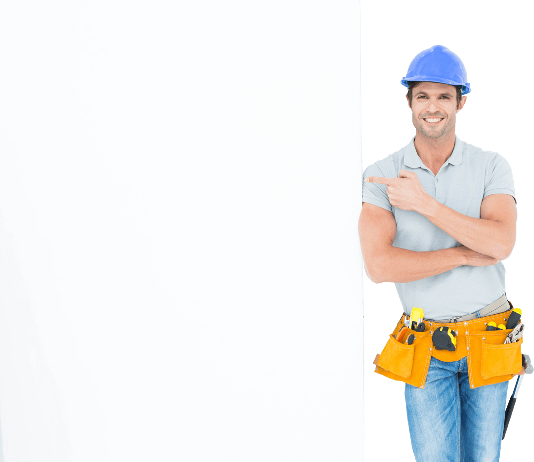 Confident Construction Worker Pointing at Blank Space Transparent Background