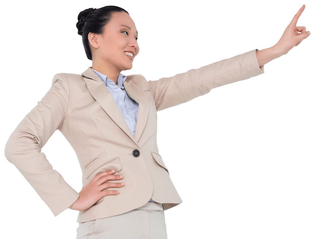 Happy Asian Businesswoman Gesturing with Index Finger Transparent Background