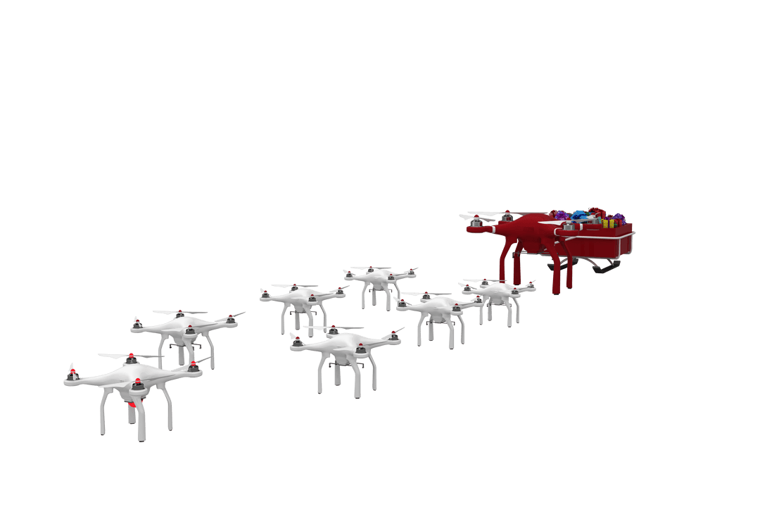 Drones Pulling Transparent Christmas Sleigh with Gifts Futuristic