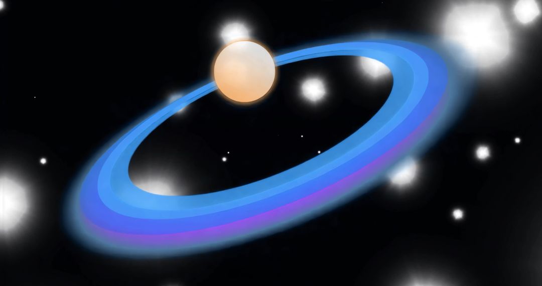 Glowing Blue-Ringed Planet Orbiting Through Starfield, Futuristic Celestial Space Art