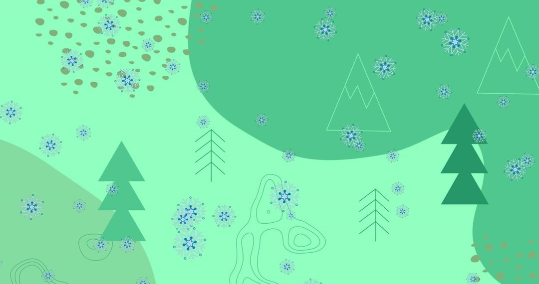 Geometric Snowflakes and Christmas Trees on Green Background