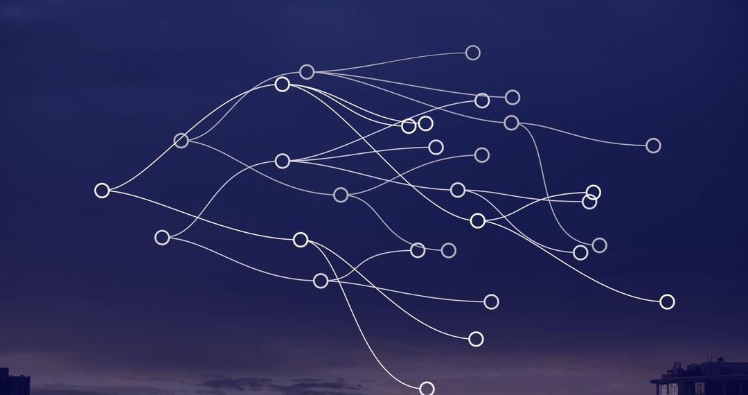 Digital Network Diagram Overlay on City Skyline at Dusk