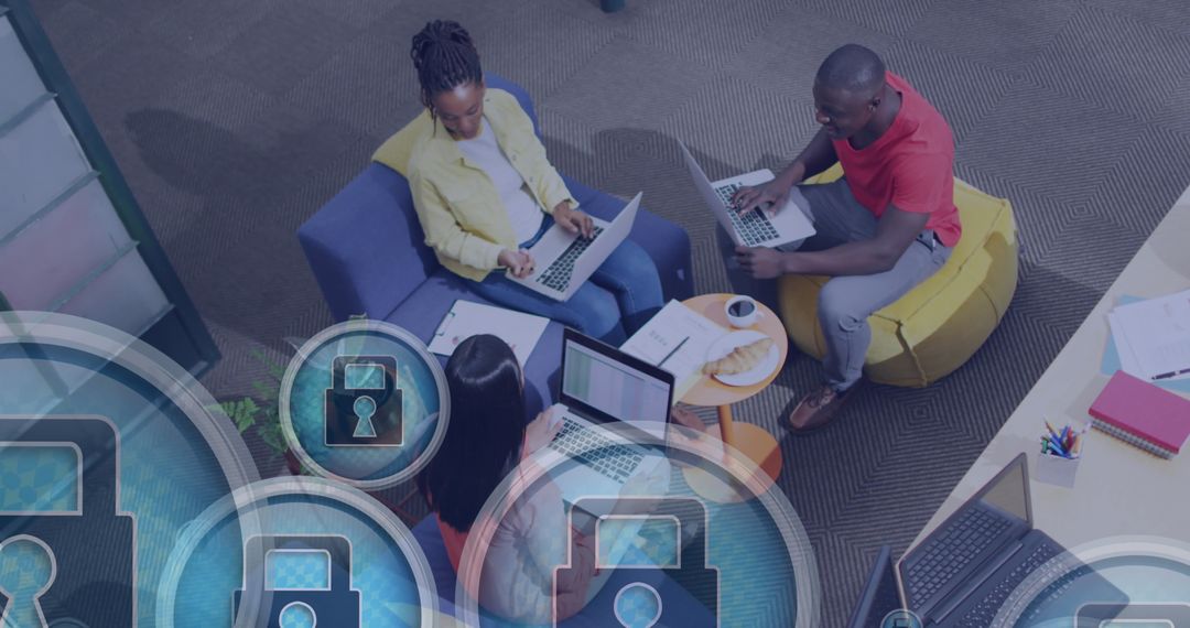 Diverse Team Collaborating in Tech-Savvy Workspace With Security Focus