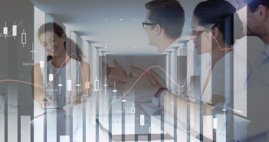 Business Team Analyzing Financial Data with Digital Interface Overlay