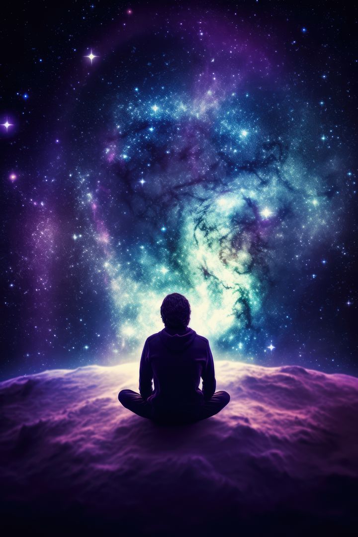 Man sitting on planet and admiring view of space with stars, created using generative ai technology - Free Images, Stock Photos and Pictures on Pikwizard.com