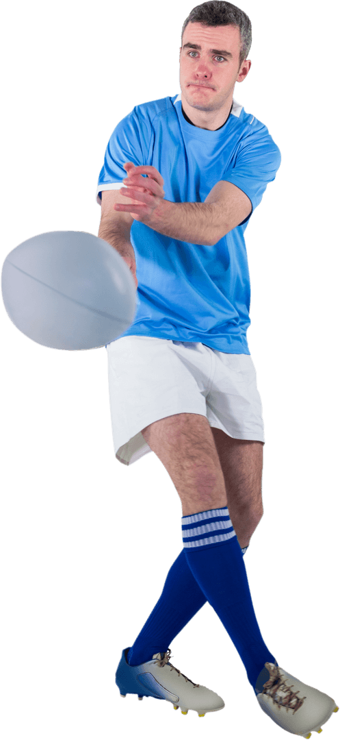 Rugby Player in Blue Kit Throwing Ball Against Transparent Background