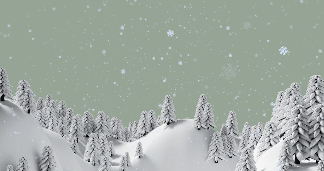 Snow-Covered Forest with Falling Snowflakes Under Greenish Sky