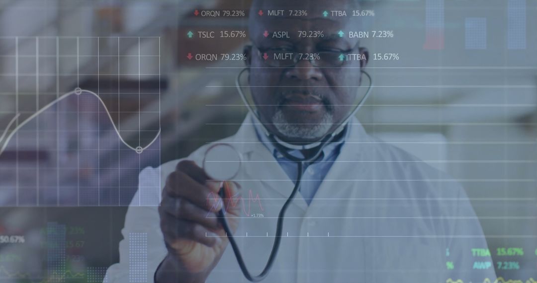 Doctor in Hospital Analyzing Data with Stethoscope and Technology Overlays