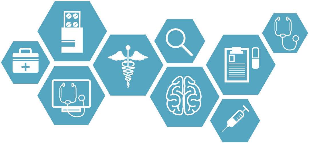 Transparent Medical Technology Icons on Hexagonal Layout