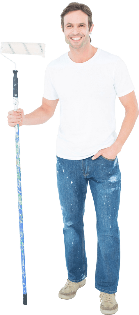 Transparent Happy Painter Holding Paint Roller Enthusiastically