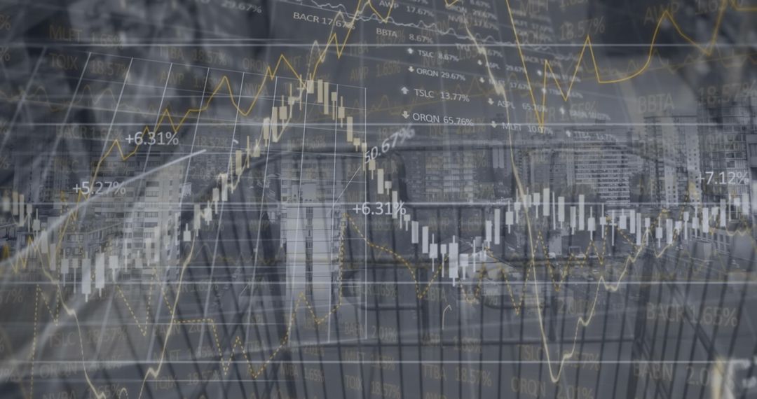 Abstract Financial Data Charts with Cityscape Background
