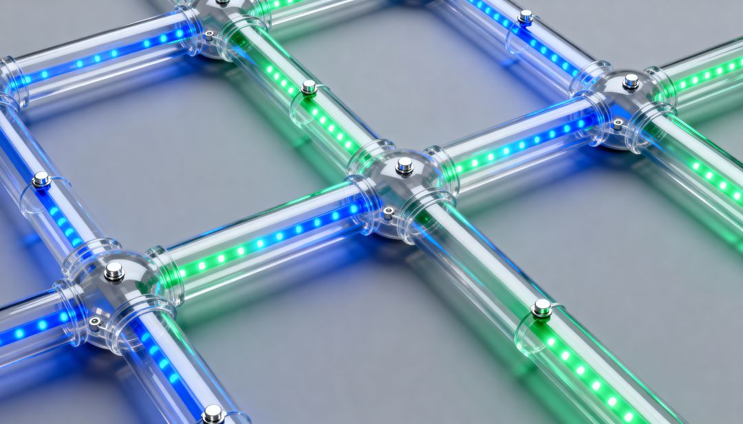 Modular transparent tube grid with blue and green LED lighting and metal connector hubs