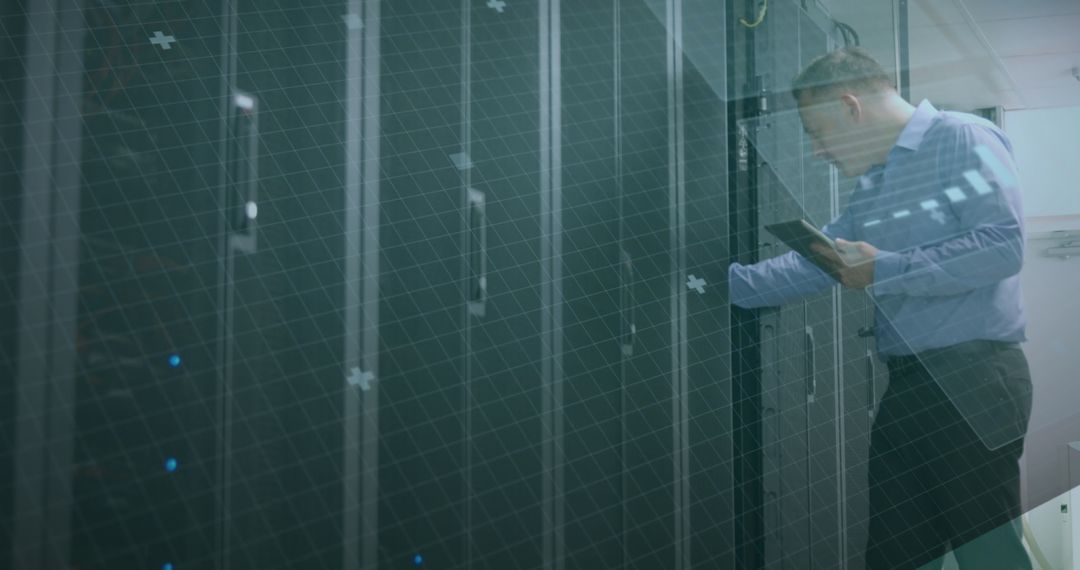 IT Professional Managing Server with Digital Interface Overlay