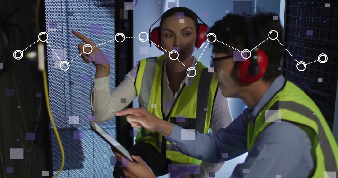Engineers Analyzing Data Center with Digital Overlay in High-Tech Environment