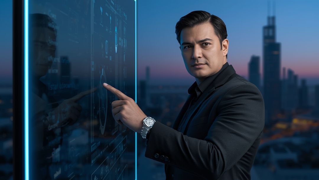 Businessman Analyzing Data on Futuristic Touchscreen