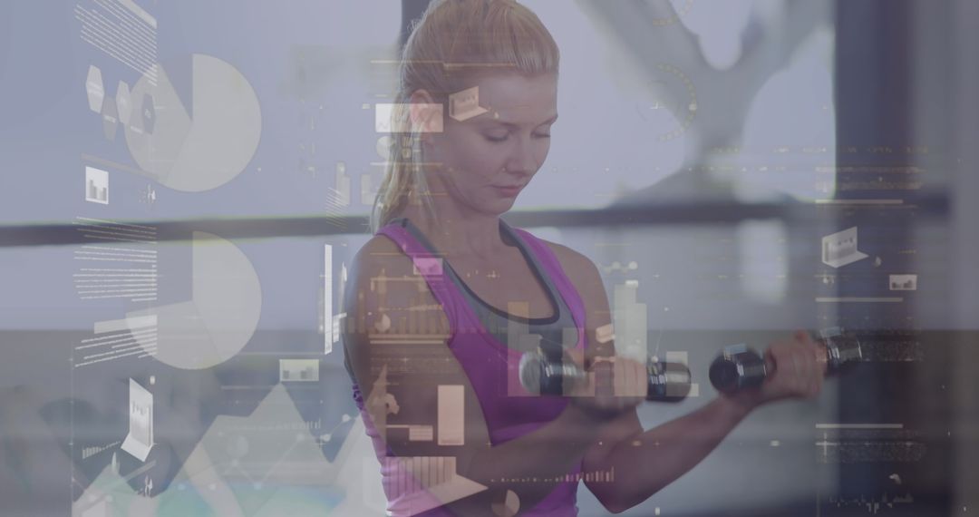 Woman Exercising Indoors with Dumbbells and Data Graphics Overlay