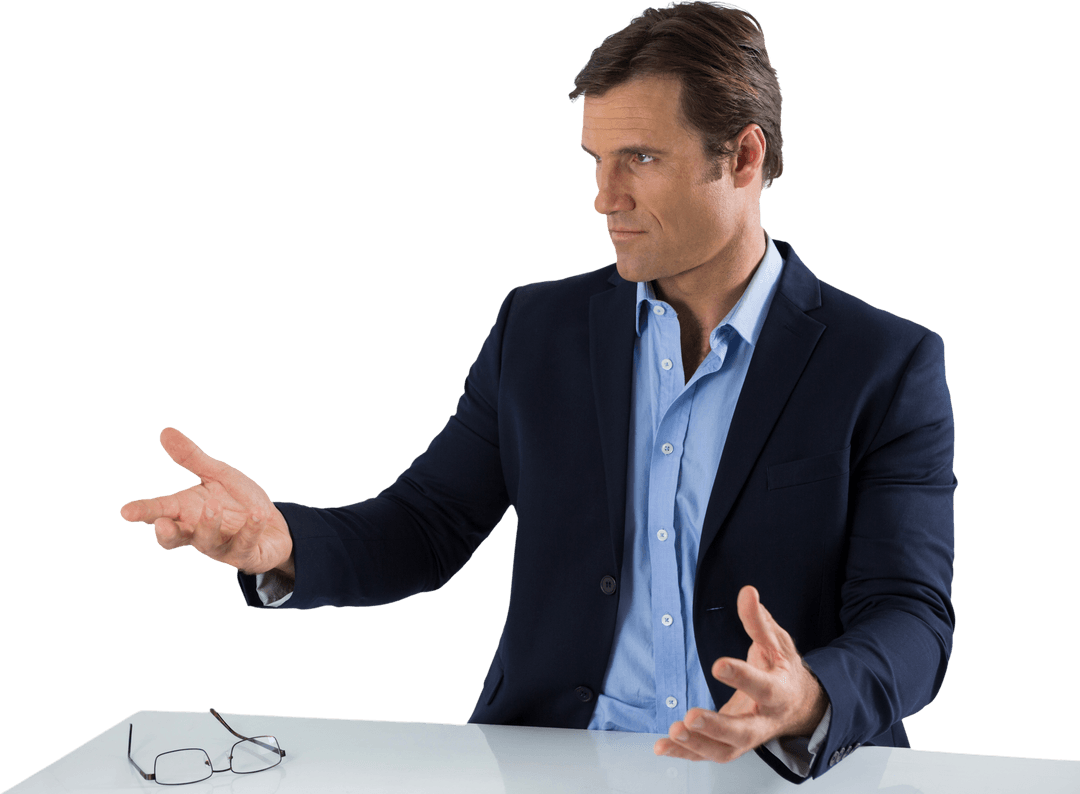 Caucasian Businessman in Suit Making Gestures on Transparent Background