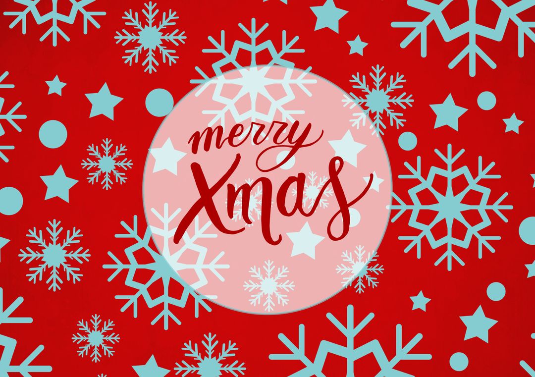 Merry Xmas Greeting on Red Snowflake Background