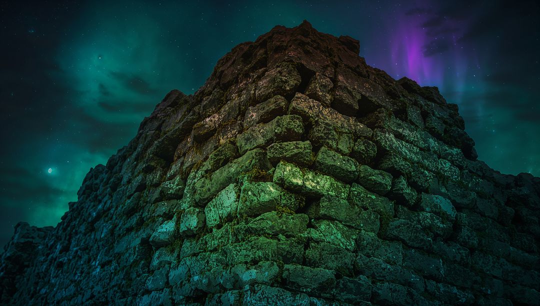 Towering basalt column pyramid glowing with teal and purple aurora over Arctic nightscape