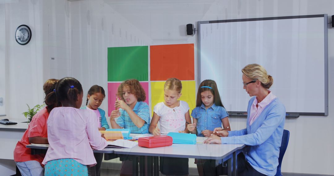 Children Crafting With Teacher in Bright Classroom Environment