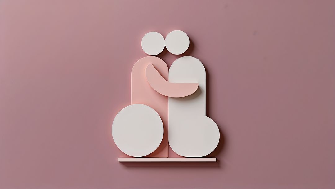 Abstract Hugging Figures on Dusty Rose Background